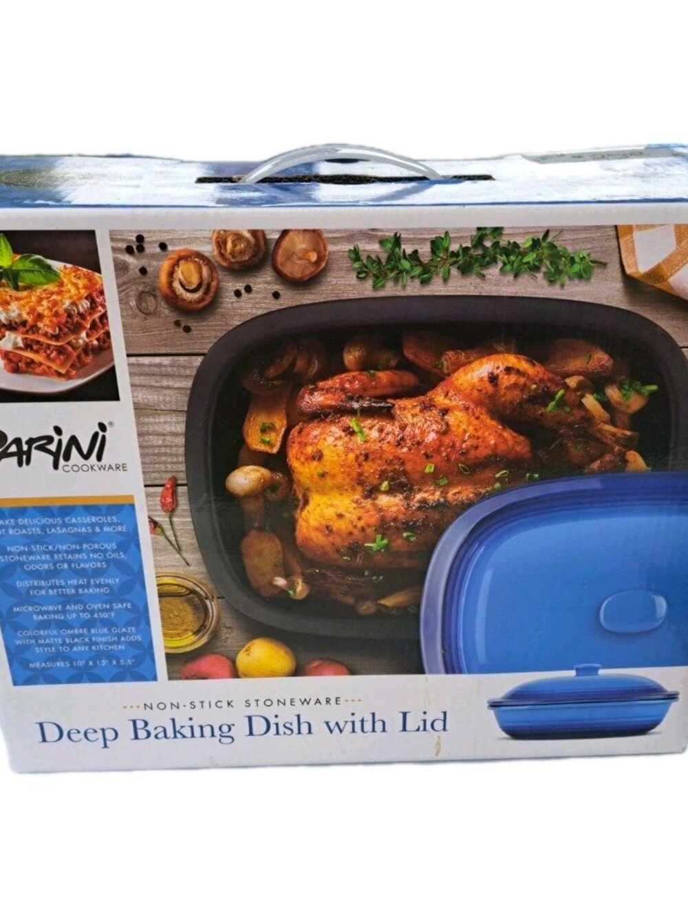 New Parini Cookware Non-stick Stoneware Deep Baking Dish with Lid Blue